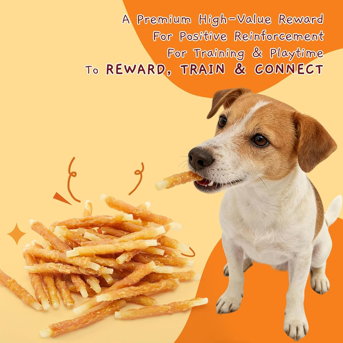 jungle calling 35-count rawhide free dog treats, 4.5-inch chicken wrapped cod sticks for small to medium dogs