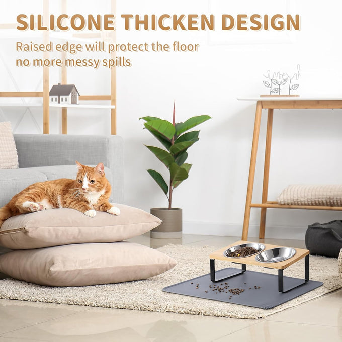 Upgraded 15°Tilted Stainless Steel Cat Bowls with Food Mat for Cats and Puppy