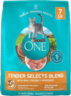 Purina ONE Natural Dry Cat Food, Tender Selects Blend With Real Chicken - 7 lb. Bag, USA Made, No Fillers, Artificial Free