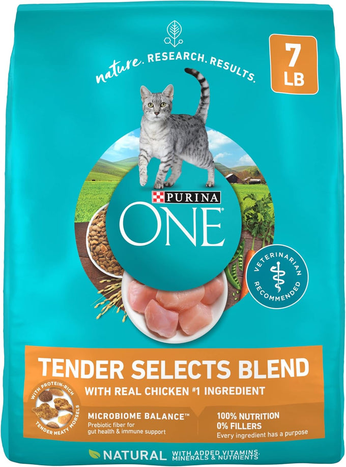 Purina ONE Natural Dry Cat Food, Tender Selects Blend With Real Chicken - 7 lb. Bag, USA Made, No Fillers, Artificial Free
