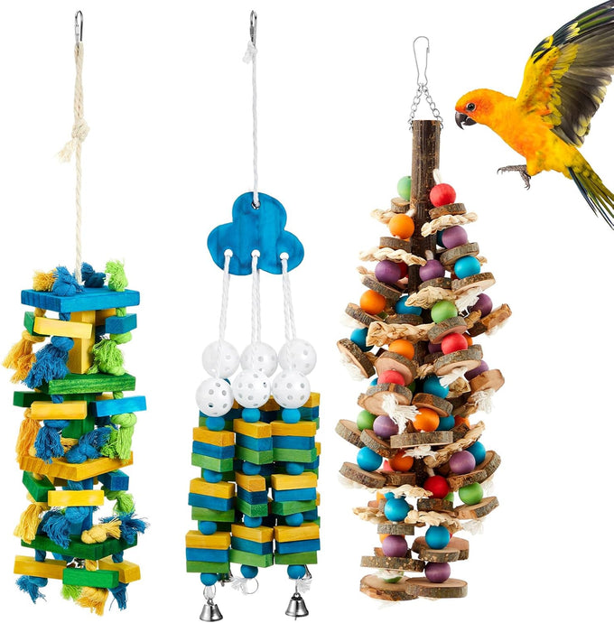 seenelling 3pcs large multicolored wooden parrot cage chewing toys for macaws african greys cockatoos