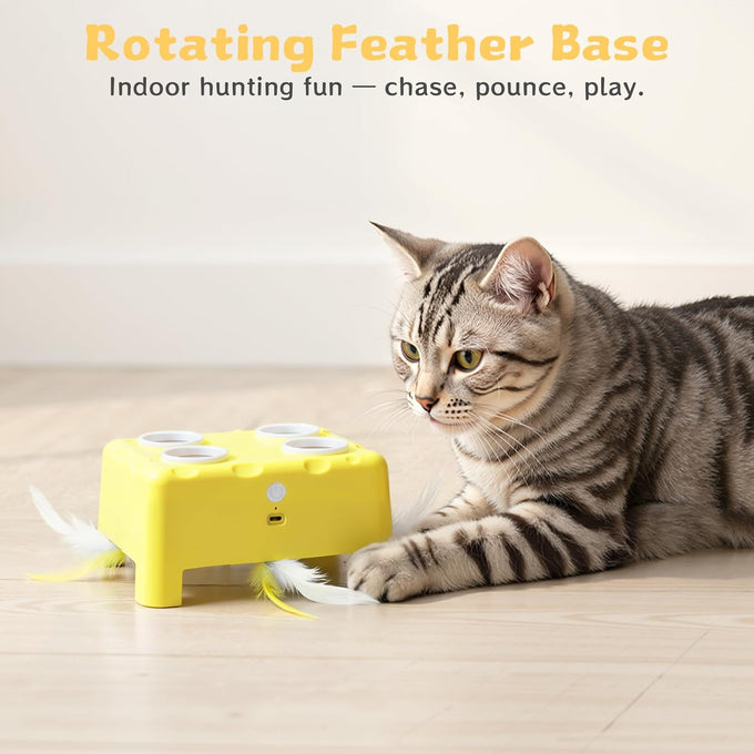 Cheese Box Interactive Cat Toy, 3-in-1 Whack a Mole Feather Toy for Indoor Cats, 4 Holes Kitten Toy, Yellow