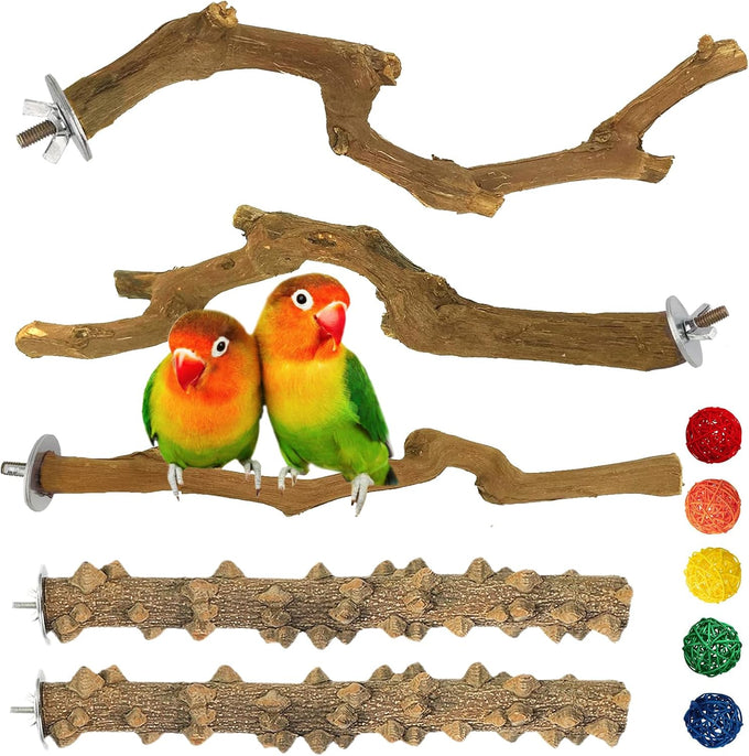kathson natural parrot bird stand pole wild grape stick paw grinding fork parakeet climbing standing branches toy chewable cage accessories for small budgies cockatiels lovebirds set