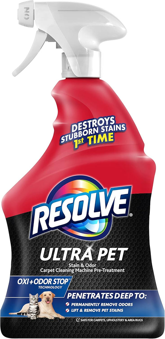 Resolve Ultra Pet Carpet Cleaner Spray, 32oz, for removal of pet stains and odors, effective on carpets, upholstery, and area rugs