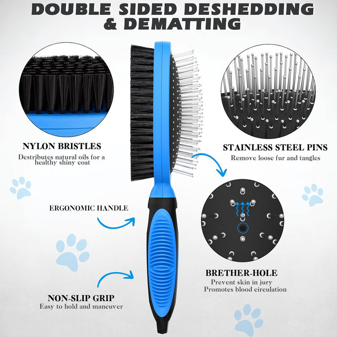 2PCS pet grooming tools - double-sided brush for shedding and bathing - suitable for short/long haired dogs cats and horses - pet supplies (blue)