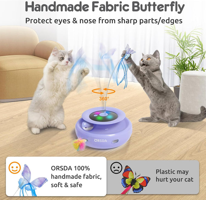orsda automatic usb rechargeable 3-in-1 interactive cat toy with feathers and butterfly