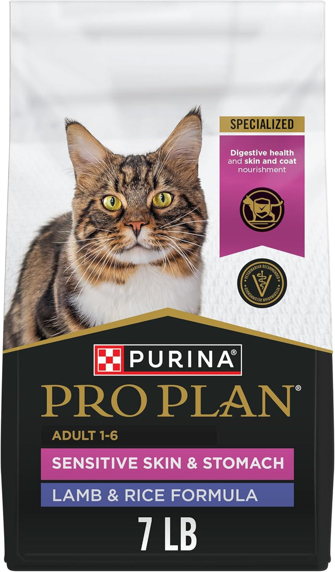 Purina pro plan sensitive skin and stomach cat food, lamb and rice formula, 7 lb bag, high protein, live probiotics