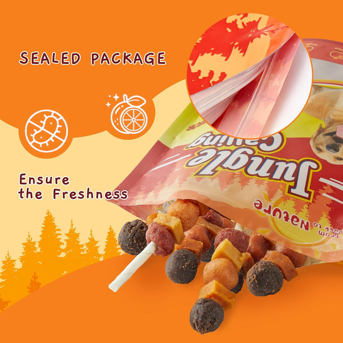 jungle calling multi-flavor kabob dog snacks, made with chicken, duck, beef, sweet potatoes, and pumpkin