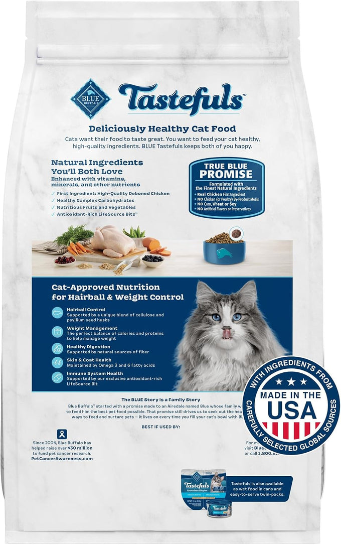 Blue Buffalo Tastefuls Adult Dry Cat Food for Weight Management & Hairball Control, Made in the USA with Natural Ingredients, Chicken Recipe, 7-lb Bag