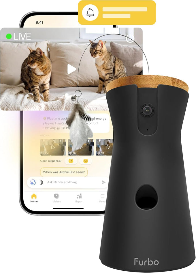 Furbo 360° Dog Camera home security with 2-way speaker, rotating treat toss, and subscription required for full features