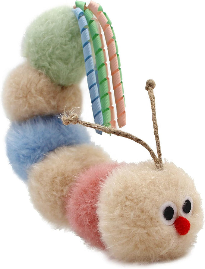 Soft caterpillar kicker for indoor cats, with rattle, ribbon, and catnip, bite resistant, for all ages.