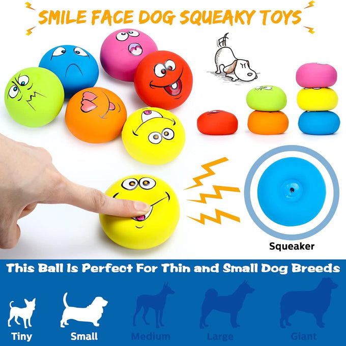 Hungdao 12-piece latex rubber squeaky dog toys, 6 colors, smile face emoticon, 100% safe for small medium pets