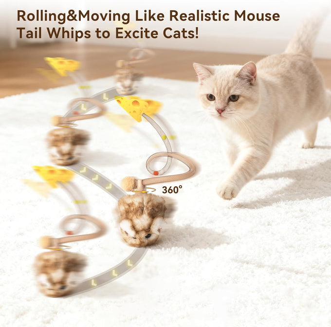 Migipaws Interactive MigiMouse Cat Toy: 360° Rolling, Rechargeable, Squeak, Realistic, Brown Long
