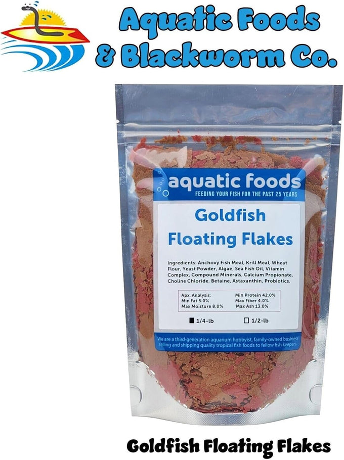 Aquatic Foods & Blackworm Co. 1/4-lb Goldfish Flakes with 42% Protein, Color Enhancing Spirulina Formula for Aquarium & Pond Goldfish, Koi, and All Pond Fish in a Foil Pouch Bag