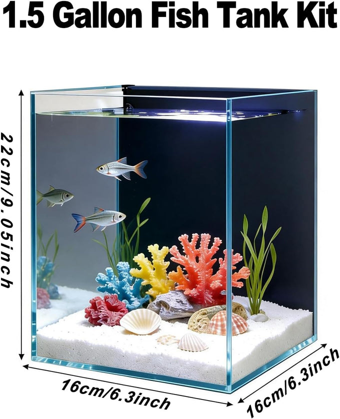 Small nano glass fish tank start kit with filter, LED light for shrimp, small fish, betta (1.5 gallon)