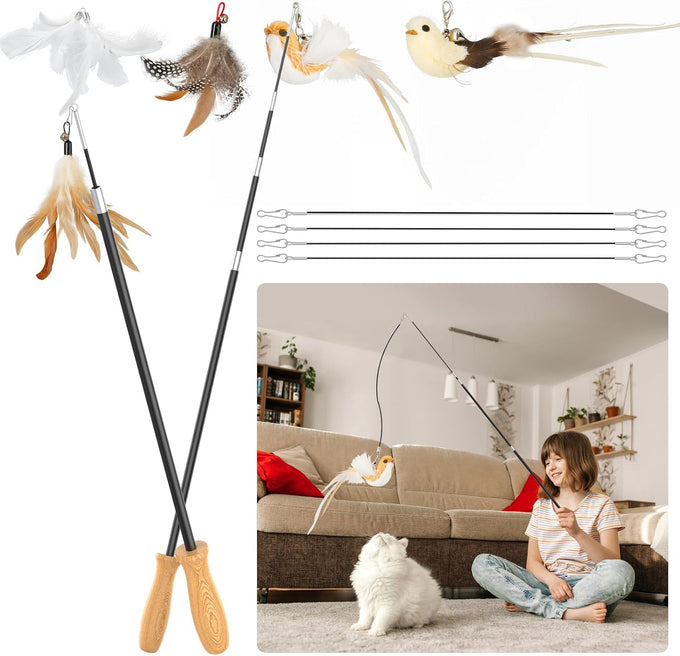 rosaui cat teaser wand toys, 42.15'' long, sustainable wooden handles, 2pcs wires and 5pcs natural refills, for indoor kittens