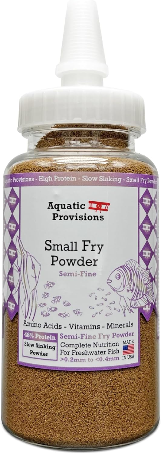 Aquatic Provisions small fry fish food powder, 3.17 oz USA-made, 48% protein for breeding and raising freshwater aquarium species