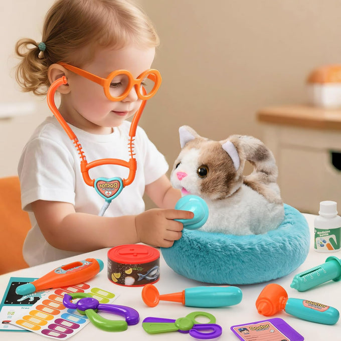 TUZT 17PCS Interactive Electric Cat Veterinarian Playset for Kids Birthday Gifts