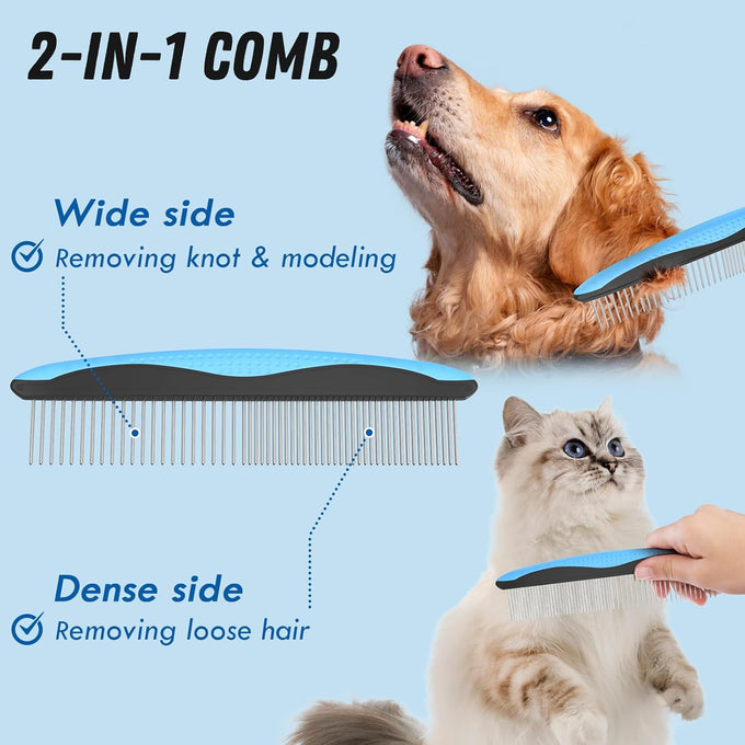 Docrok pet grooming combo with metal comb for detangling and dematting long fur on dogs and cats, blue