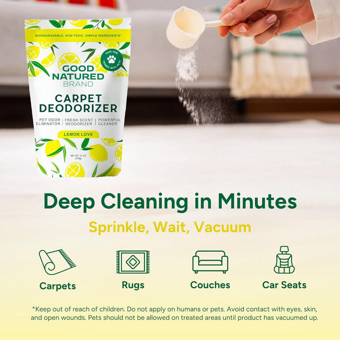 Good Natured Brand carpet deodorizer 31 oz pet odor eliminator powder fresh natural lemon scent safe homes pets
