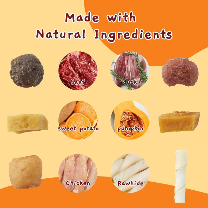 jungle calling multi-flavor kabob dog snacks, made with chicken, duck, beef, sweet potatoes, and pumpkin