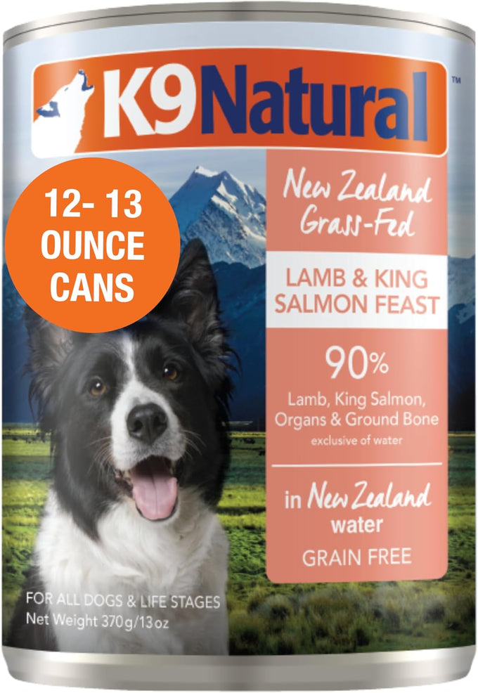K9 Natural Lamb & King Salmon Wet Dog Food Pate, Grain-Free Premium Canned Dog Food, with Grass-Fed New Zealand Lamb, Salmon, Organs, & Ground Bone, Complete Meal for All Life Stages, 13oz, Pack of 12