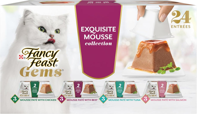 Fancy Feast Gems pate cat food mousse and savory gravy wet cat food variety pack, pack of 12, 4 oz boxes