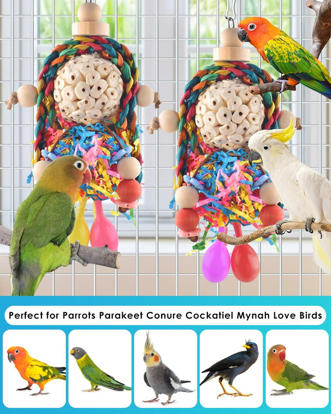 Bissap conure toys, 2pc bird parrot foraging shredder hanging toys with sola balls for small parrots, parakeets, conures, and cockatiels.
