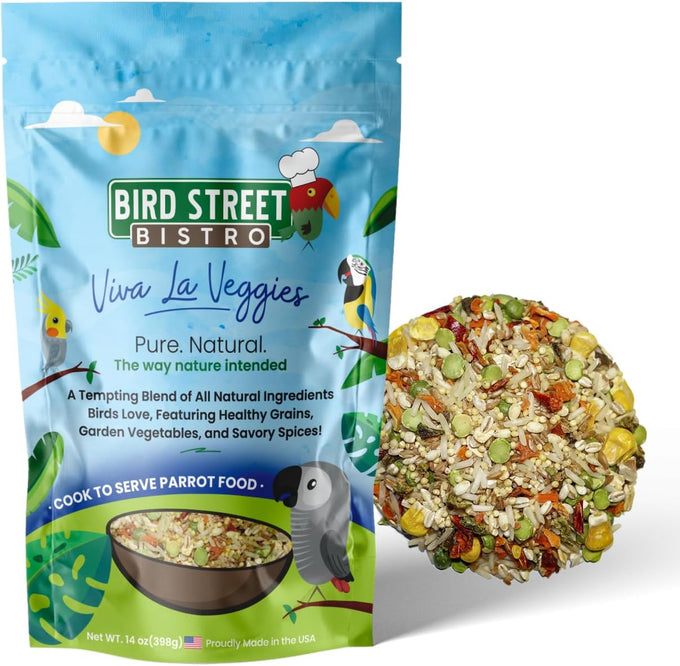 Bird Street Bistro parrot food with natural grains, legumes, and non-gmo fruits for parakeets and cockatiels