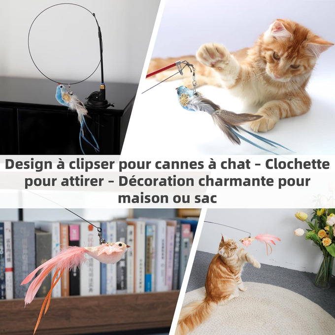 Realistic handcrafted 11 birds cat toy refills with bell, clips for wand attachments, indoor cat entertainment