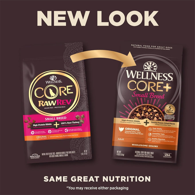 Wellness CORE+ Small Breed Adult Dry Dog Food with Turkey and Chicken, 4 lb Bag, Grain Kibble, High Protein, Natural