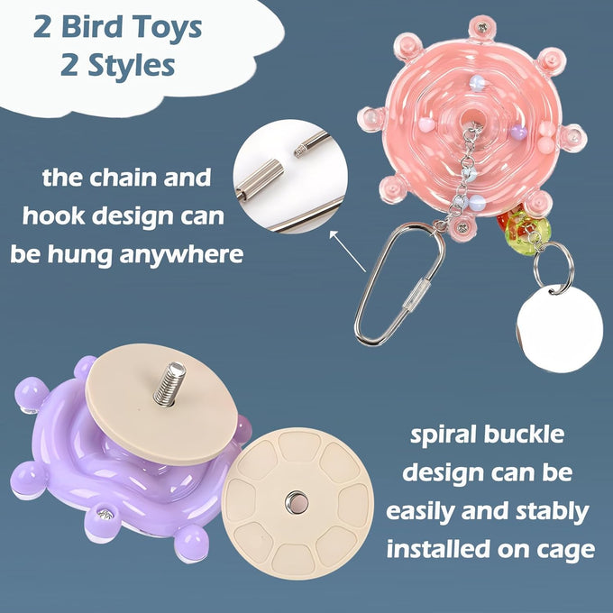 Parakeet Toys Colorful Spinner Rattle Bird Cage Enrichment Chewing Exercise for Parrots, 2pcs Random Color