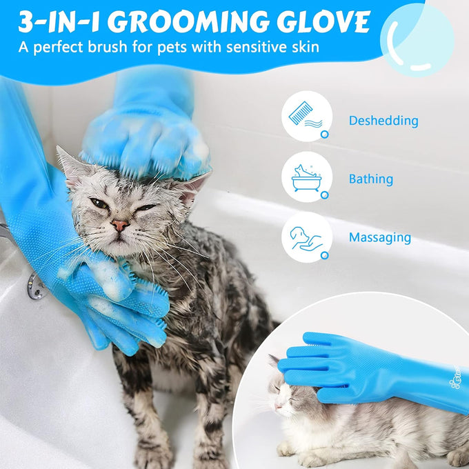 Pecute Heat Resistant Silicone Pet Grooming Gloves with High-Density Teeth, Blue