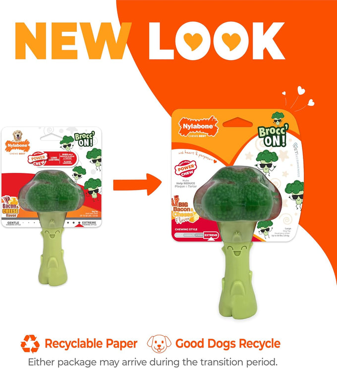 Nylabone Broccoli Power Chew Toy for Large Dogs, Bacon & Cheese Flavor, Up to 50 lbs