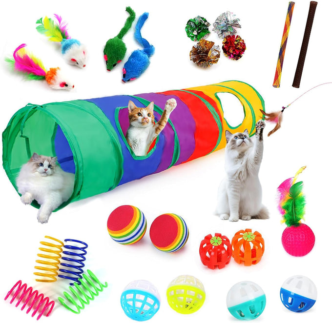 iCAGY interactive cat toy bundle for indoor cats, 25 pcs, 45 inches rainbow tunnel, colorful springs, feathers, balls, and mice