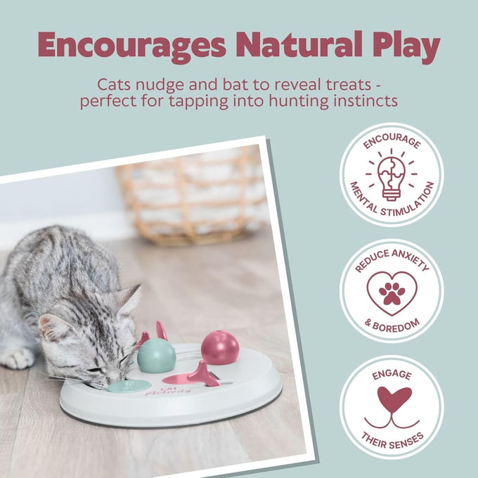 Trixie Cat Activity Flip Board - 4-module treat puzzle enrichment toy for indoor cats - Berry/Gray, 9x9x2.5in