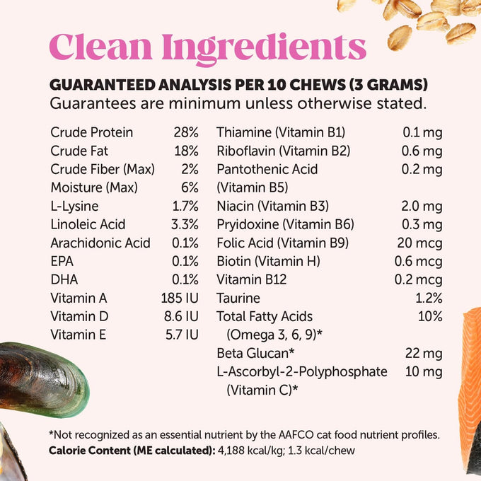 pet honesty cat multivitamin crunchy & creamy chews - supports immune, joint, skin, coat, and digestion health with omega 3s and lysine