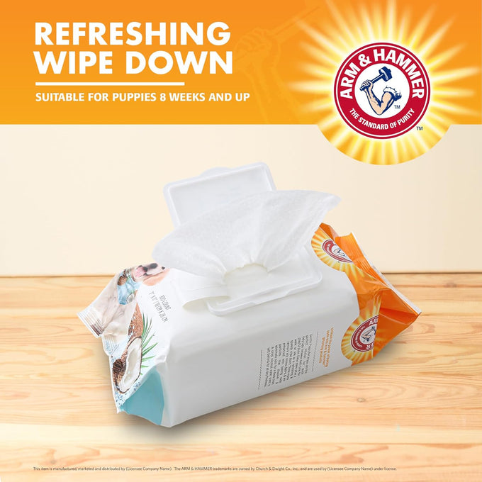 Arm & Hammer 100-count Deodorizing Dog Cleaning Wipes with coconut water, gentle for dogs and puppies, paraben and sulfate free, light coconut scent