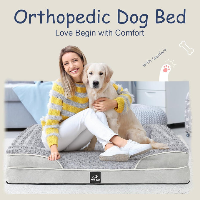 Large Orthopedic Dog Bed with Washable Memory Foam, Removable Cover, Waterproof and Anti-Slip, Grey