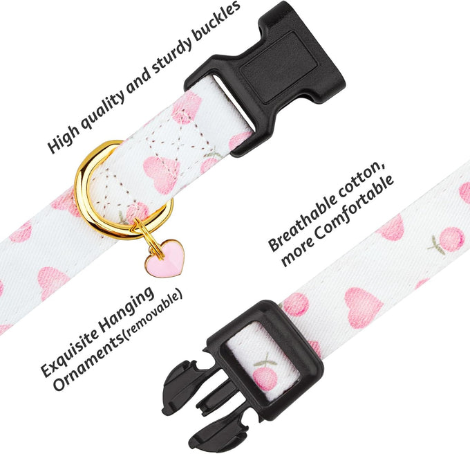 Cotton Handmade Dog Collar - White and Pink Love Heart Pattern - Adjustable - Safe for Girl and Boy Dogs