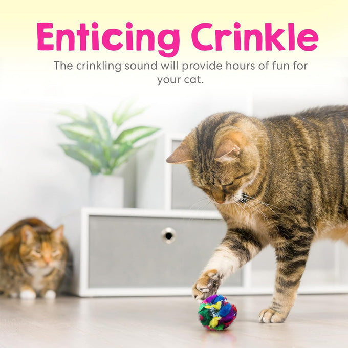Soft Crinkle Cat Toy Balls 4 Pack - Fuzzy Pom Balls for Indoor Cats & Kittens Made in Canada