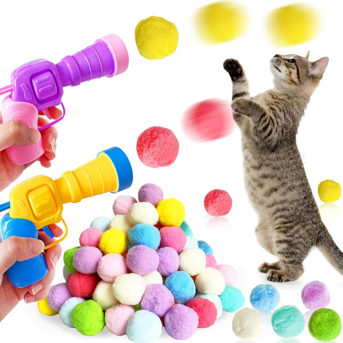 2 Cat Toy Launchers & 100 Cat Pom Pom Balls in Macaroon Colors, Silent Plush Elastic Balls for Kitty