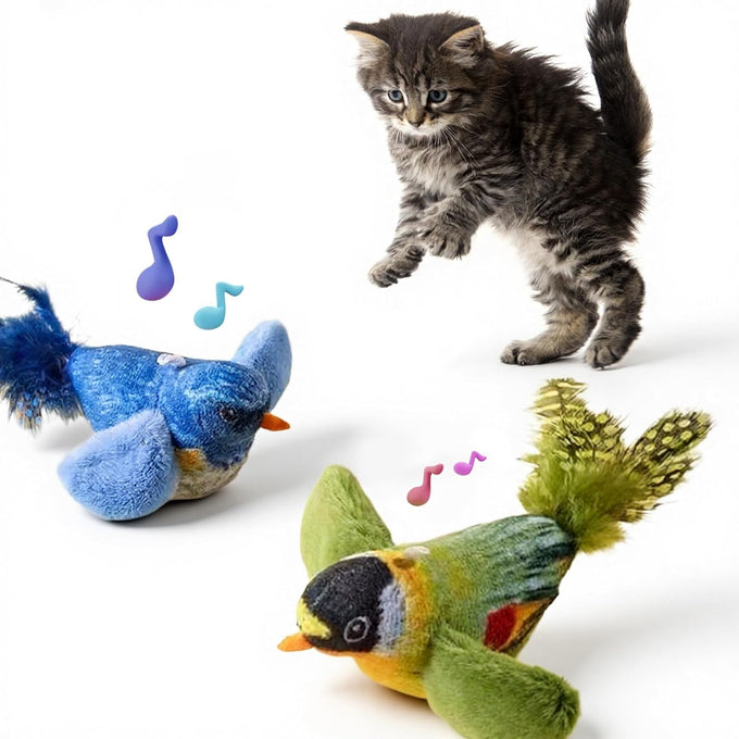 2-pack green and blue bird cat toys for indoor cats' natural hunting instincts with realistic chirping sounds