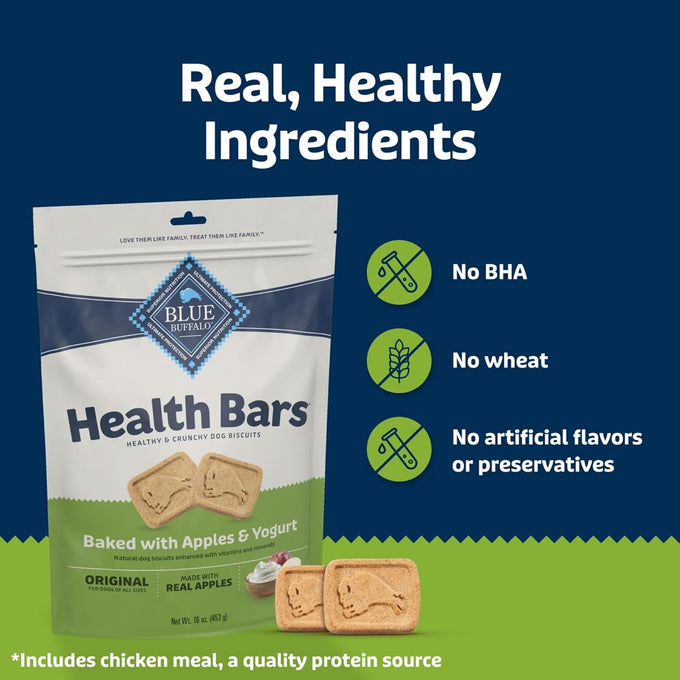 blue buffalo apples & yogurt mini crunchy dog biscuits, oven-baked with natural ingredients, 16-oz bag