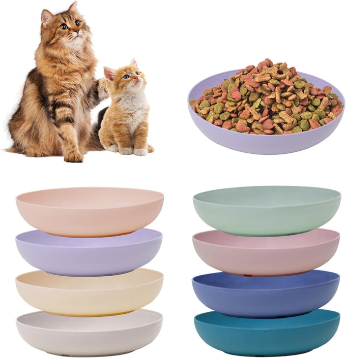 8-pack wheat straw cat dishes, shallow wide bowls for indoor outdoor cats, durable, whisker friendly, non-toxic, BPA-free