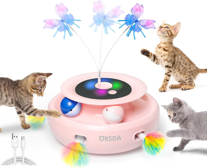 orsda 3-in-1 automatic interactive electronic cat toy with feather fluttering butterfly usb rechargeable