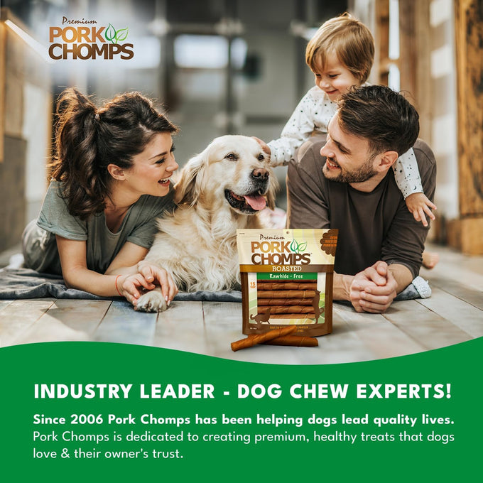 pork chomps roasted pork skin dog chews, 6 inch twists, 15 count - healthy, delicious, low fat, high protein