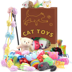 Quozuo 30 pc cat toy set, interactive kitten toy wand, cat balls with bells, non-toxic safe gift box