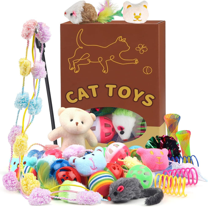 Quozuo 30 pc cat toy set, interactive kitten toy wand, cat balls with bells, non-toxic safe gift box