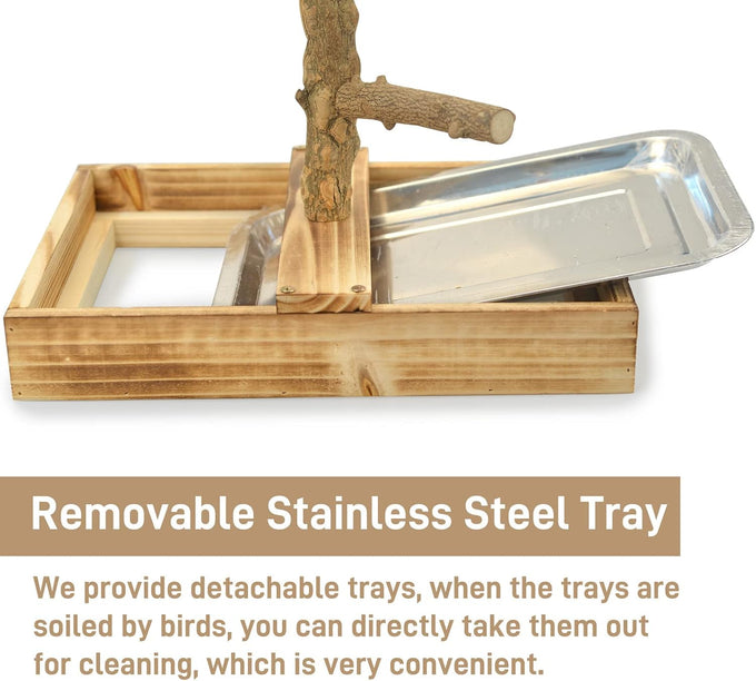 LIMIO natural wood bird toys playground, 2 stainless steel cups, removable tray, small to medium bird accessories
